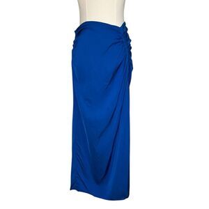ZARA Women’s Medium Ruched Midi Skirt Blue Satin Slit